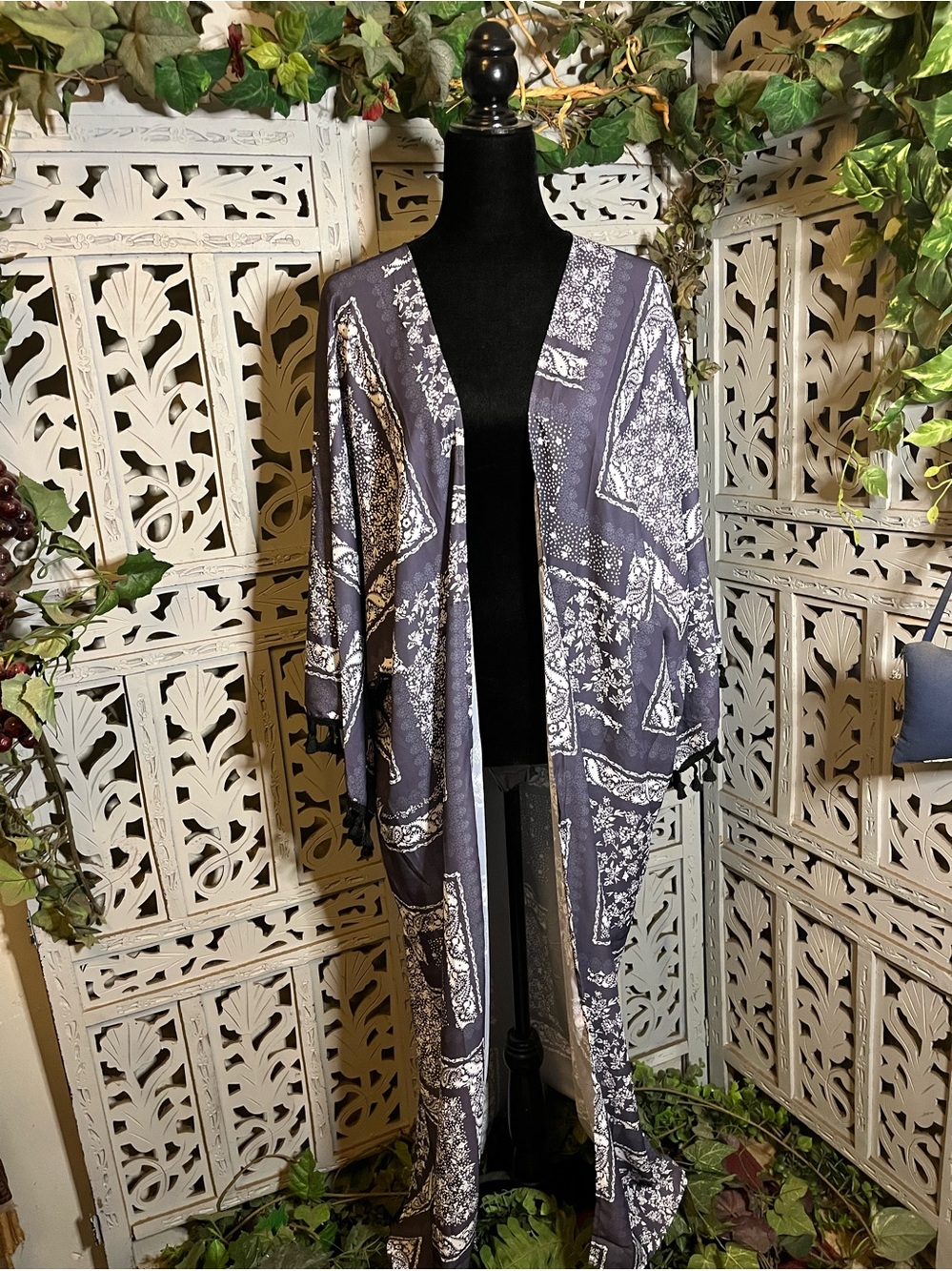 BOHOLICIOUS DUSTY BLUE BANDANA STYLE OPEN FRONT MAXI KIMONO DUSTER CARDIGAN